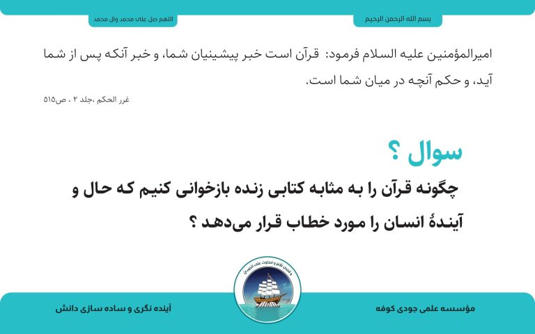 پوستر فارسی دربارهٔ قرآن و خطاب آن به حال و آیندهٔ انسان؛ متن در پایین تصویر آمده است.